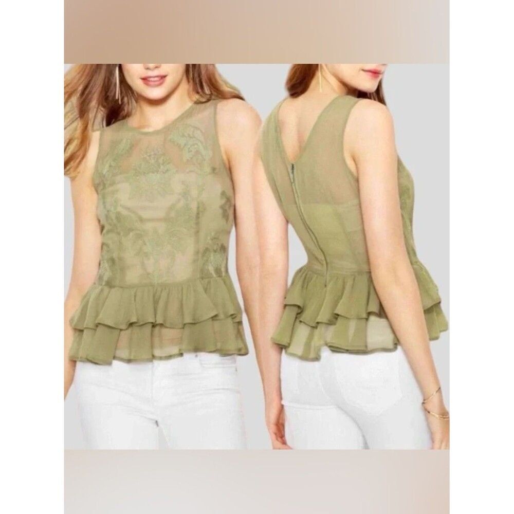 Guess Sleeveless Flowy Sage Green Sheer Lightweight Peplum Top. Large. NEW.